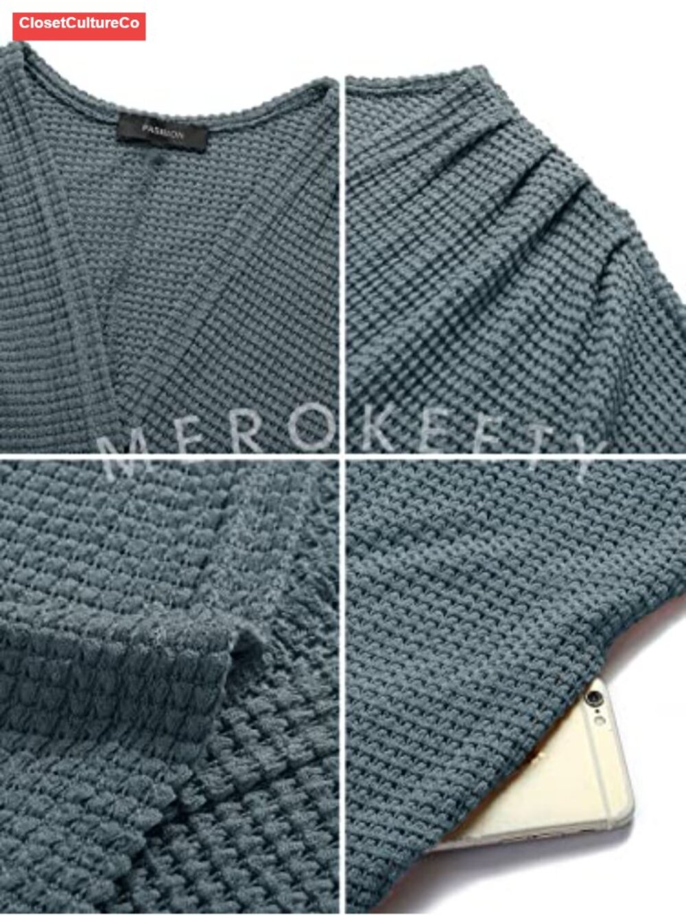 Oversized Waffle Knit Cardigan Dolman Sleeve Cocoon Sweater - Picture 5 of 6